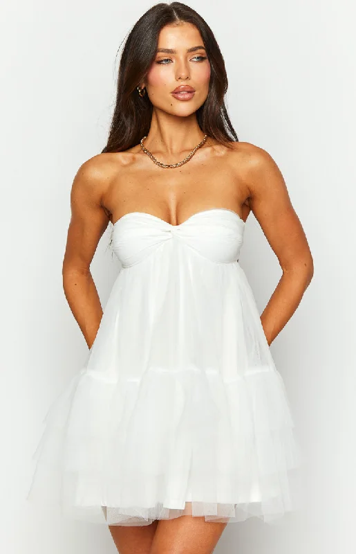 Amba White Strapless Mini Dress Comfortable Zip-Up Mini Dress