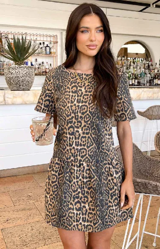 Amee Leopard Print Denim Mini Dress Elegant Silk Mini Dress