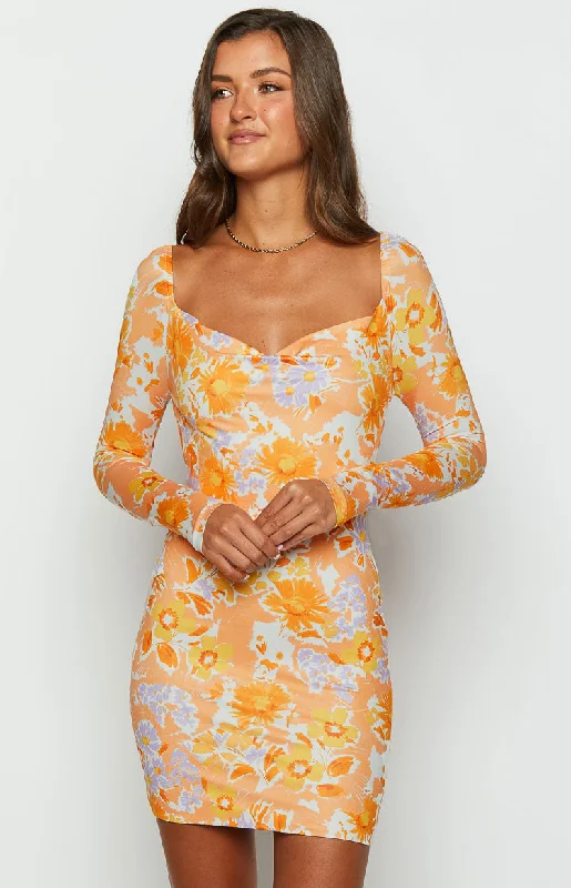 Ashi Orange Floral Long Sleeve Mini Dress Stylish Puff Sleeve Mini Dress