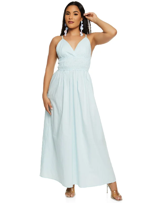 Haute Monde Smocked Waist Plunge Maxi Dress Cozy Spaghetti Strap Maxi Dress