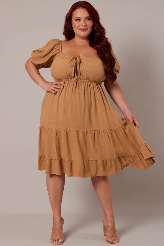 Beige Mini Dress Linen Blend Puff Sleeve Sweetheart Neck Casual High-Waist Mini Dress