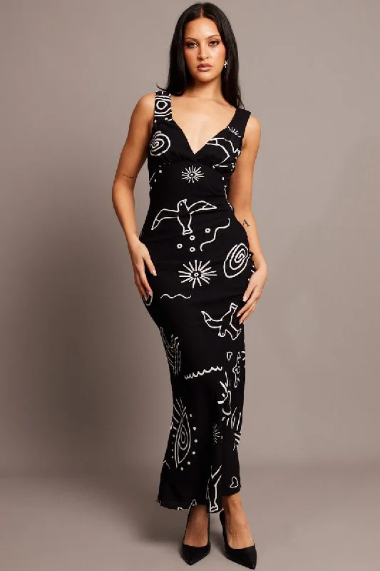 Black Abstract Maxi Dress Plunge V Neck Dress Fashionable Maxi Dress with Fringe