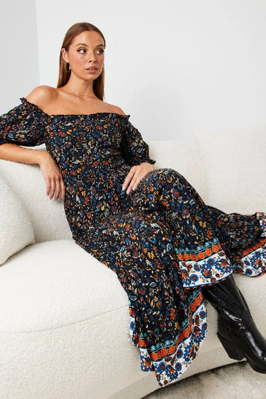 Black Boho Maxi Dress Short Sleeve Tiered Fashionable Chiffon Maxi Dress