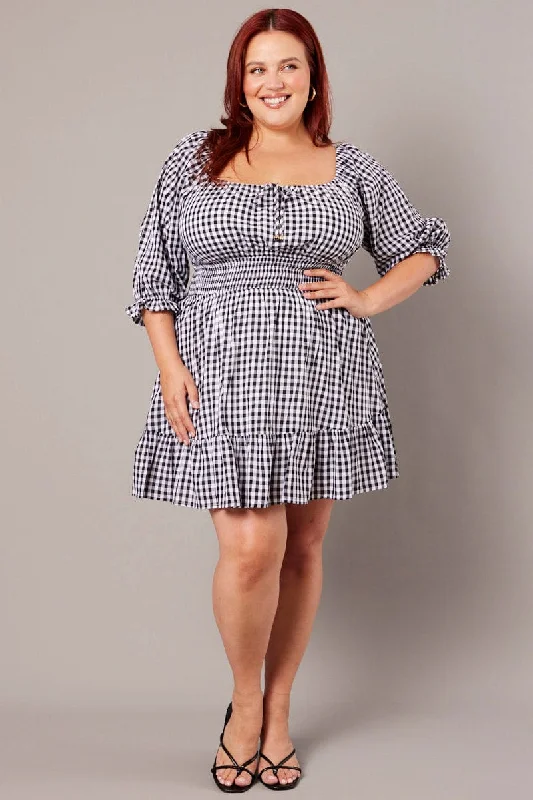 Black Check Mini Dress 3/4 Sleeve Shirred Gingham Modern Satin Mini Dress
