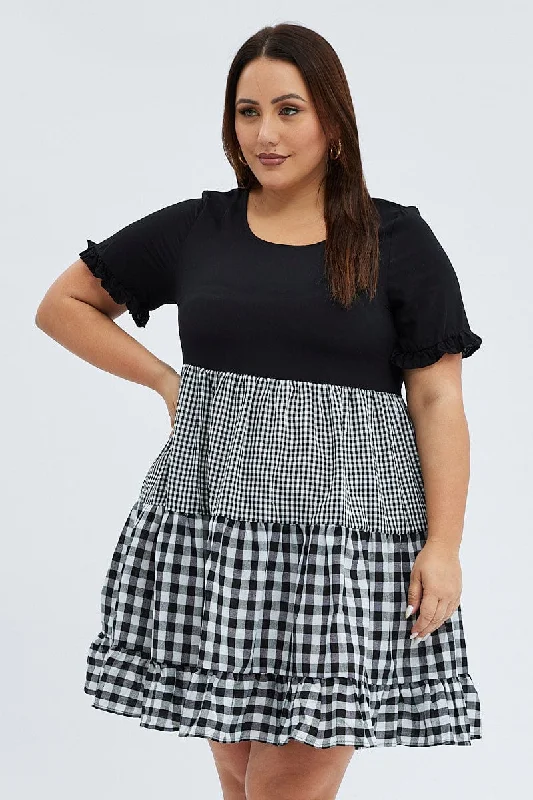 Black Check Mini Dress Short Sleeve Tiered Elegant Mini Dress with Pleats