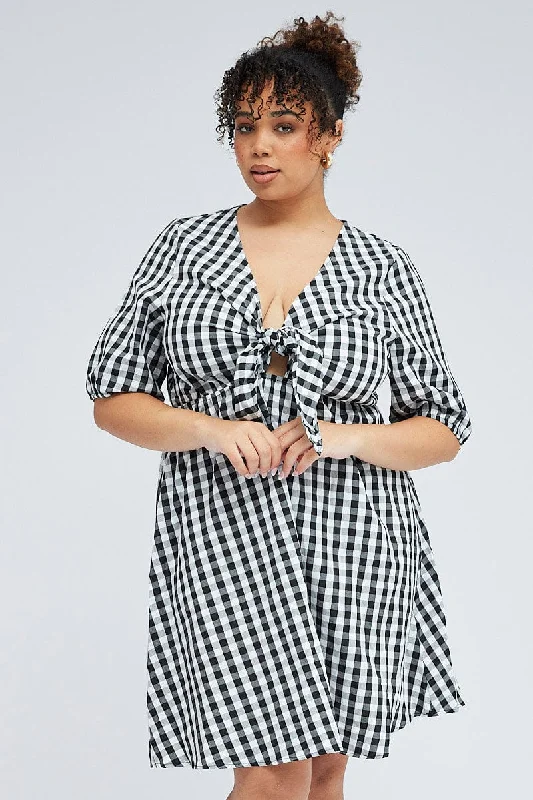 Black Check Mini Dress Tie Gingham Puff Sleeve Trendy Off-Shoulder Dress Mini