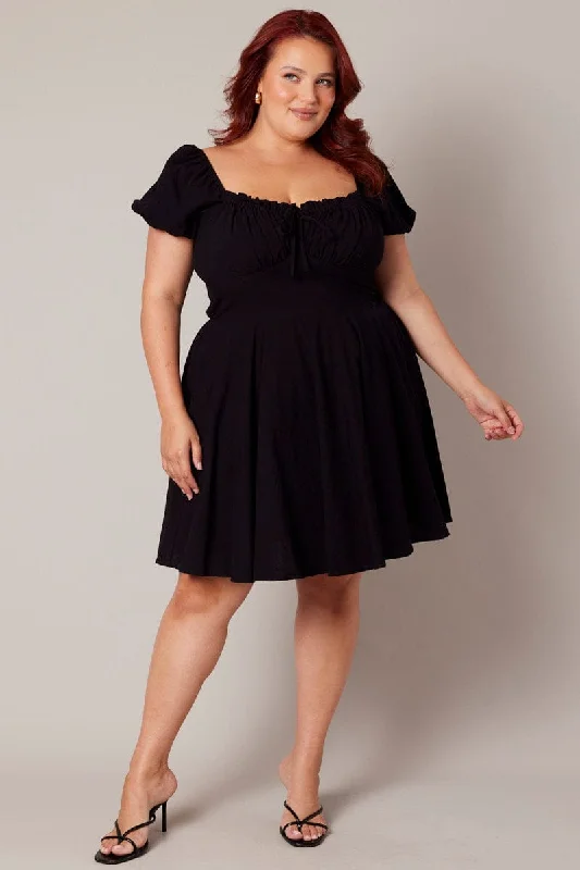 Black Corset Puff Sleeve Mini Dress Stylish Ruffle Mini Dress