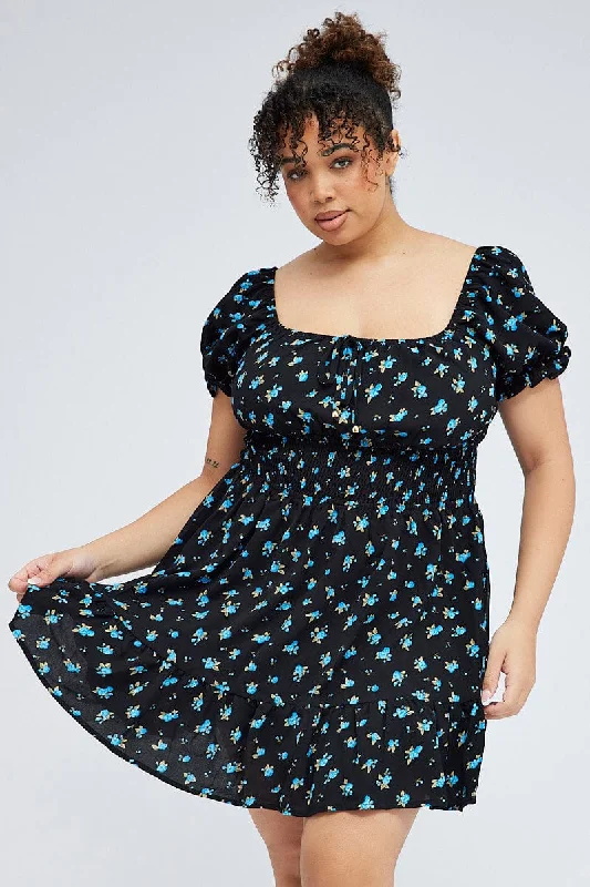 Black Ditsy Mini Dress Puff Sleeve Gather Detail Comfortable Shift Mini Dress