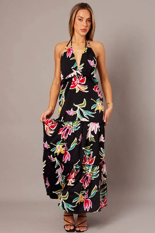 Black Floral Halter Neck Ruffle Tiered Maxi Dress Stylish Empire Waist Maxi Dress