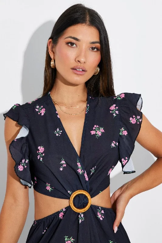 Black Floral Maxi Dress Flutter Ruffle Shoulder Buckle Dress Chic Button-Up Maxi Dress