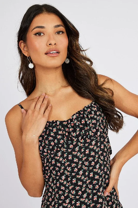 Black Floral Maxi Dress Gathered Bust Strappy Fashionable Layered Maxi Dress