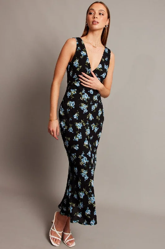Black Floral Maxi Dress V-Neck Sleeveless Stylish V-Neck Maxi Dress