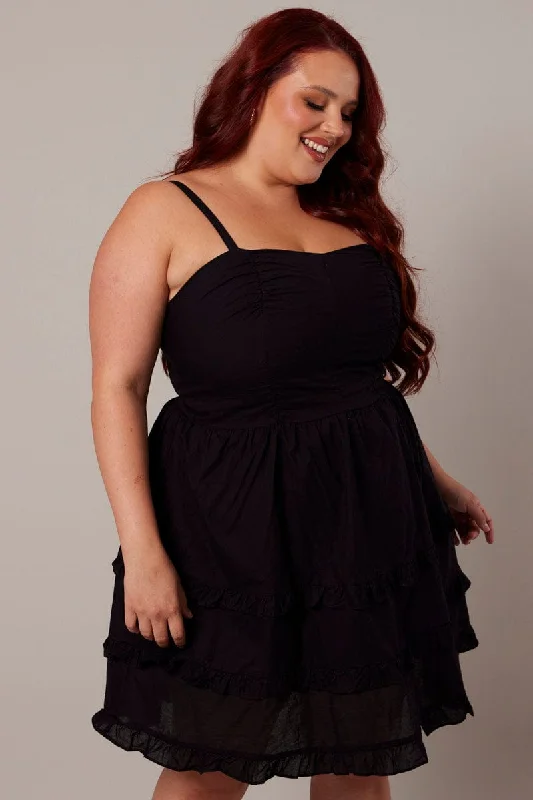 Black Frill Hem Strappy Mini Dress Casual Button-Up Mini Dress