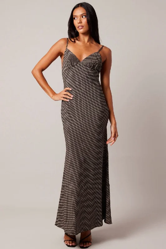 Black Geo Maxi Dress Strappy Trendy Short Sleeve Maxi Dress