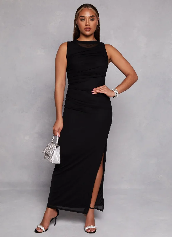 Haute Monde Mesh High Cowl Neck Side Slit Maxi Dress Trendy Maxi Dress with Belt