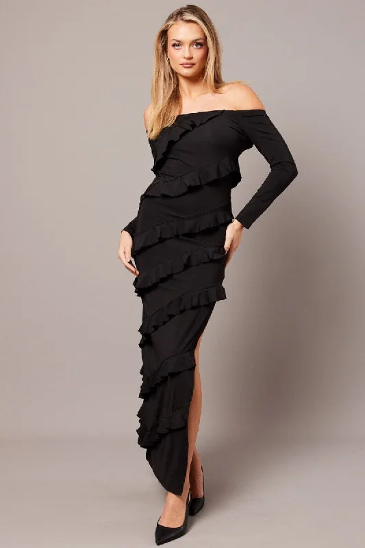 Black Maxi Dress Off Shoulder Ruffle Bardot Dress Fashionable Off-Shoulder Maxi Dress