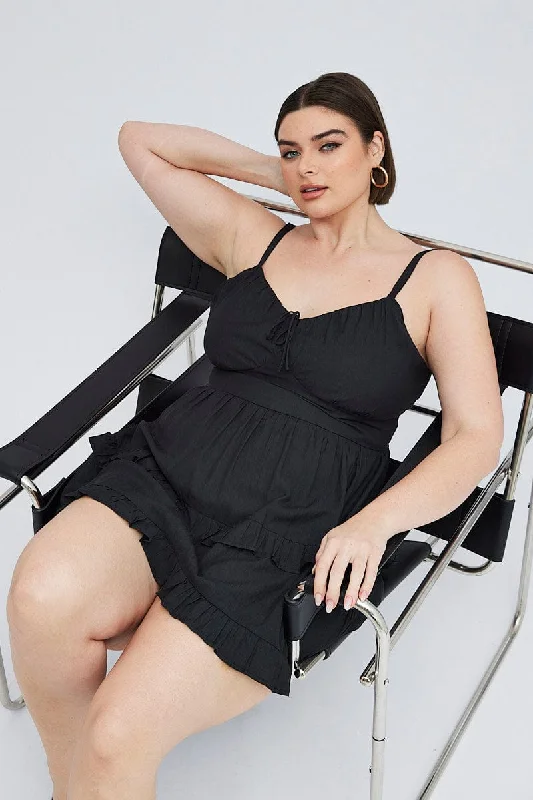 Black Mini Dress Corset Detail Flippy Casual V-Neck Mini Dress