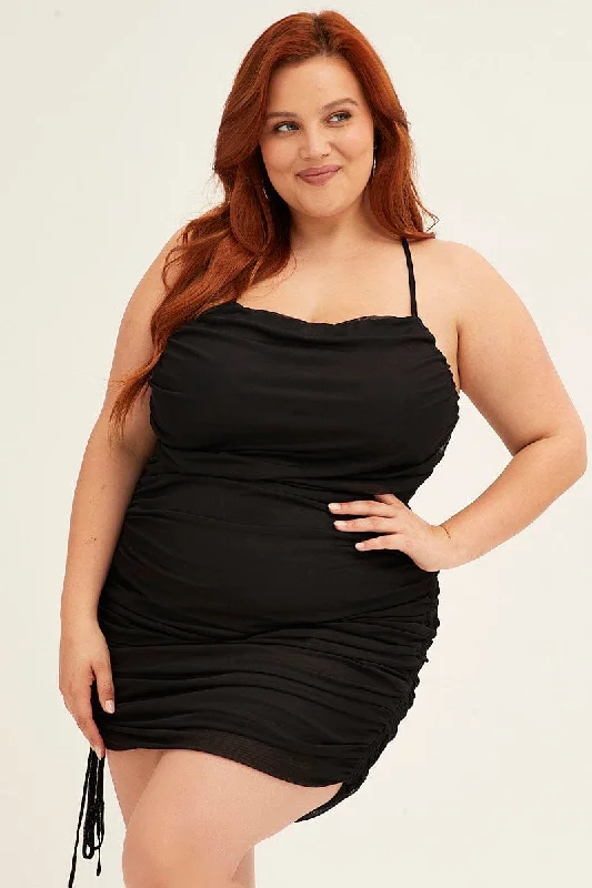 Black Mini Dress Cross Back Ruched Bodycon Mesh Chic Halter Mini Dress