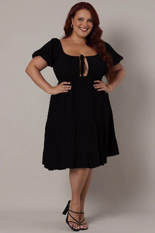 Black Mini Dress Linen Blend Puff Sleeve Sweetheart Neck Chic Bohemian Mini Dress