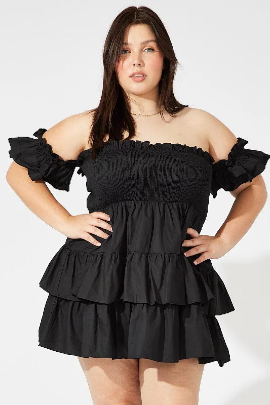 Black Mini Dress Off Shoulder Cotton Frilled Elegant Vintage Mini Dress
