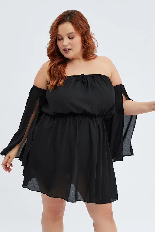 Black Mini Dress Off Shoulder Elastic Waist Trendy Cut-Out Mini Dress
