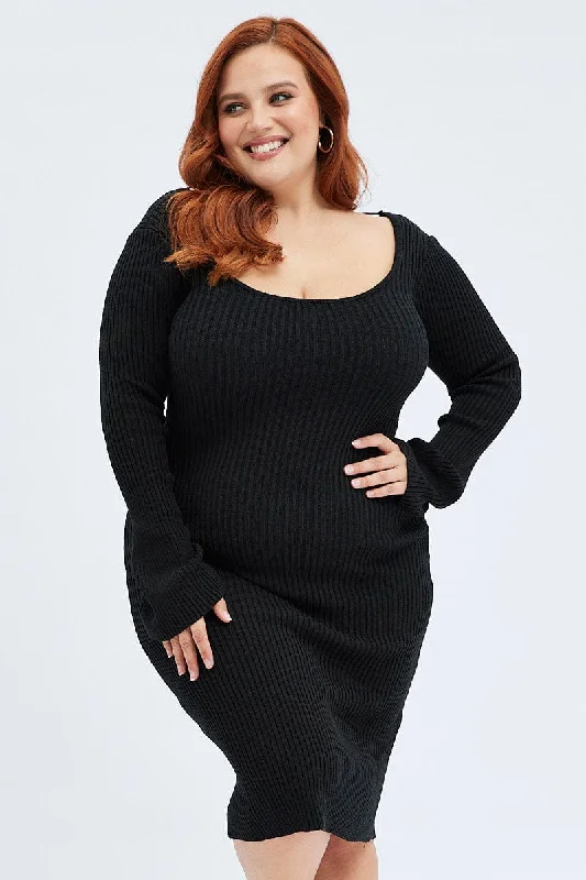 Black Mini Dress Scoop Neck Knit Flare Sleeve Cozy A-Line Mini Dress