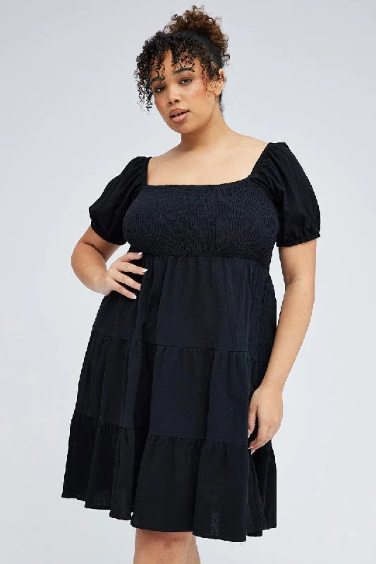 Black Mini Dress Tiered Shirred Bust Puff Sleeve Trendy Mesh Mini Dress