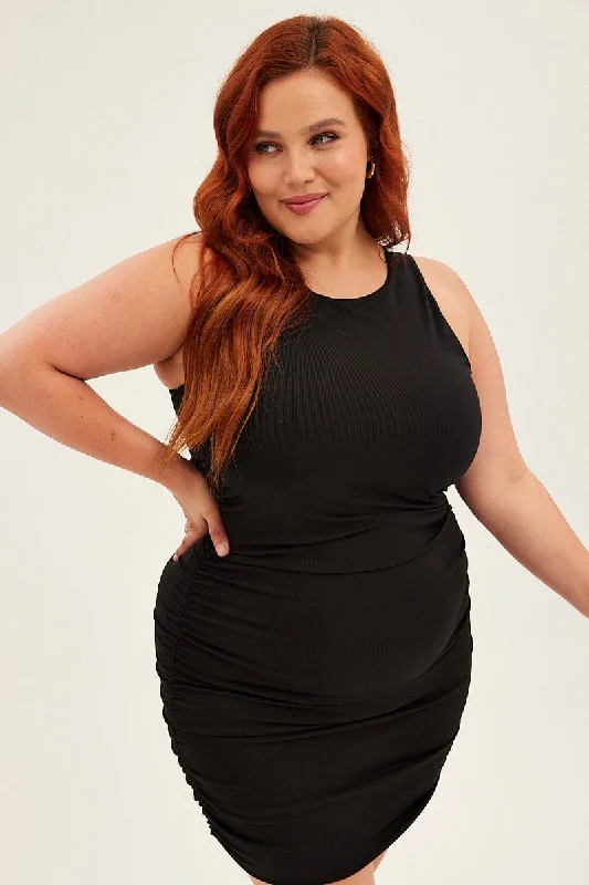 Black Mini Dress Sleeveless Rib Jersey Ruched Casual Button-Up Mini Dress