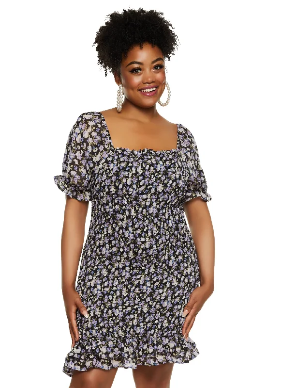 Plus Size Haute Monde Floral Print Smocked Mini Dress Comfortable Ruffle Mini Dress
