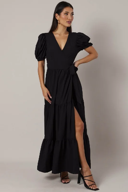 Black Puff Sleeve Maxi Dress Wrap Tiered Dress Comfortable Cotton Maxi Dress