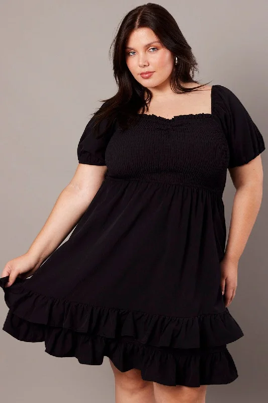 Black Shirred Mini Dress Sweetheart Neck Stylish Sweetheart Mini Dress