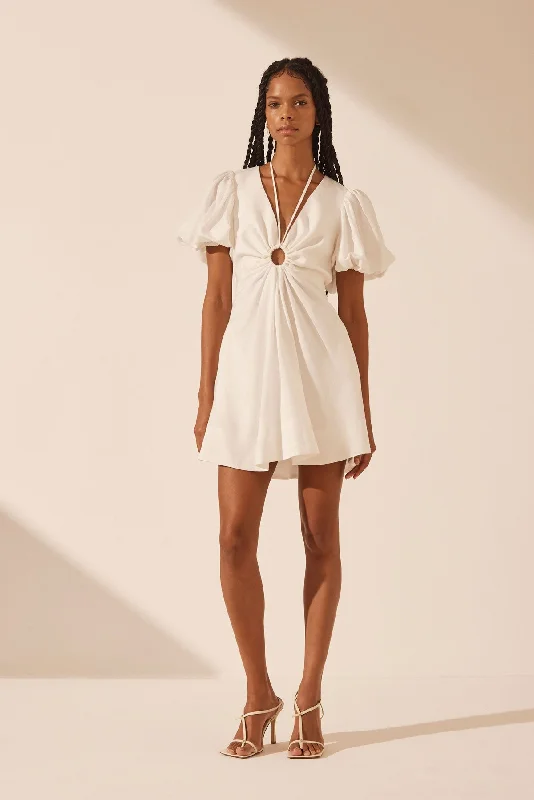 BLANC LINEN RUCHED KEYHOLE MINI DRESS Trendy Wraparound Mini Dress