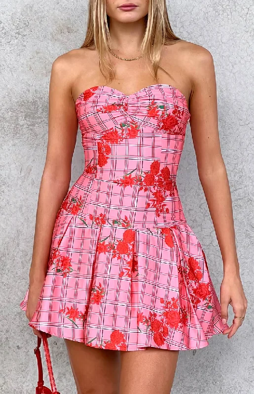 Blu Pink Floral Strapless Mini Dress Stylish Sweetheart Neck Mini Dress