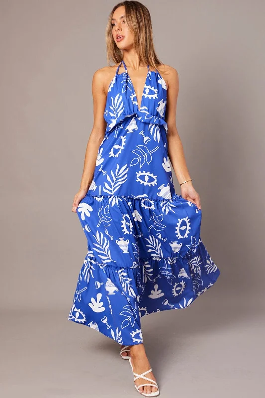 Blue Abstract Maxi Dress Halter Neck Tiered Ruffle Dress Fashionable High-Waist Maxi Dress Blue Abstract Maxi Dress Halter Neck Tiered Ruffle Dress Fashionable High-Waist Maxi Dress