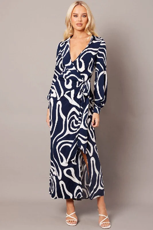 Blue Abstract Wrap Maxi Dress Shirt Dress Comfortable Pleated Maxi Dress