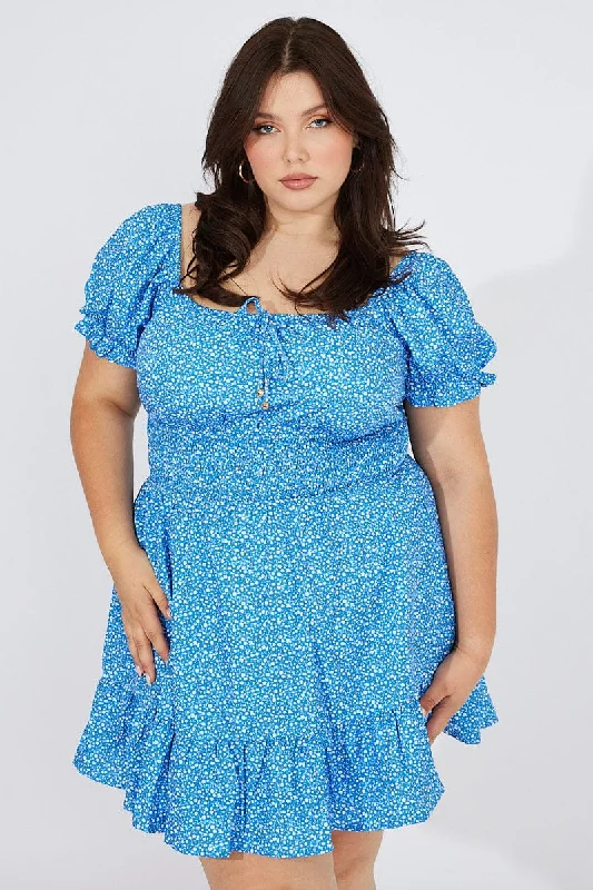Blue Ditsy Mini Dress Puff Sleeve Gather Detail Chic Mini Dress with V-Neck