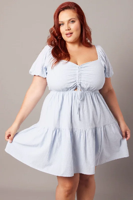 Blue Drawstring Front Mini Dress Elegant Floral-Print Mini Dress