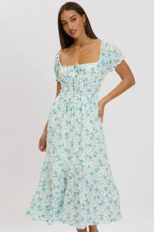 Blue Floral Maxi Dress Puff Sleeve Comfortable Maxi Dress with Belt