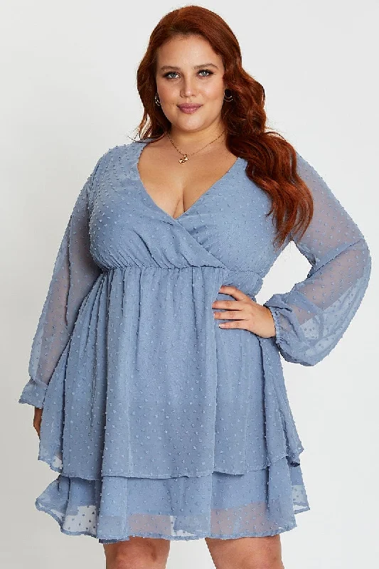 Blue Long Sleeve Textured Mini Dress Elegant Tulle Mini Dress