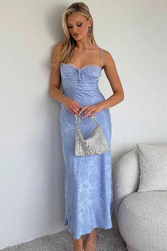 Blue Maxi Dress Back Tie Satin Cozy Open-Back Maxi Dress