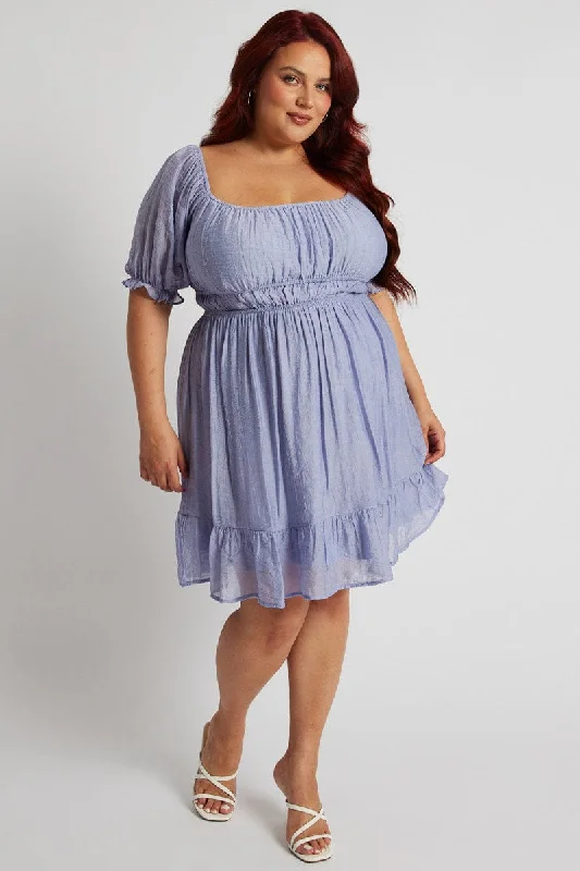 Blue Mini Dress Gather Waist Frill Hem Chic Pleated Mini Dress