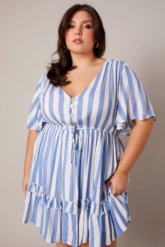 Blue Stripe Button Through Frill Mini Dress Cozy Long Sleeve Mini Dress