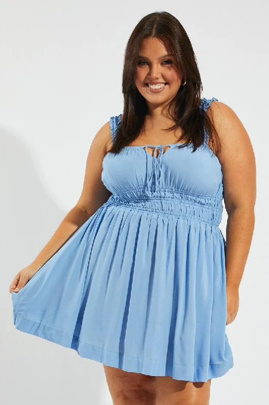Blue Tie Front Frill Strap Mini Dress Classic Floral Mini Dress