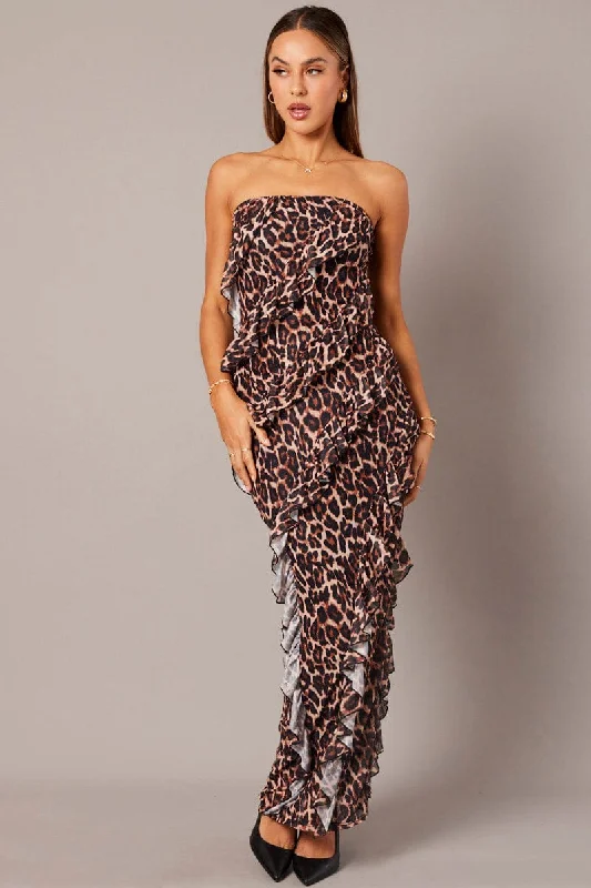 Brown Animal Print Ruffle Maxi Dress Strapless Bandeau Frilly Dress Cozy Knit Maxi Dress Brown Animal Print Ruffle Maxi Dress Strapless Bandeau Frilly Dress Cozy Knit Maxi Dress