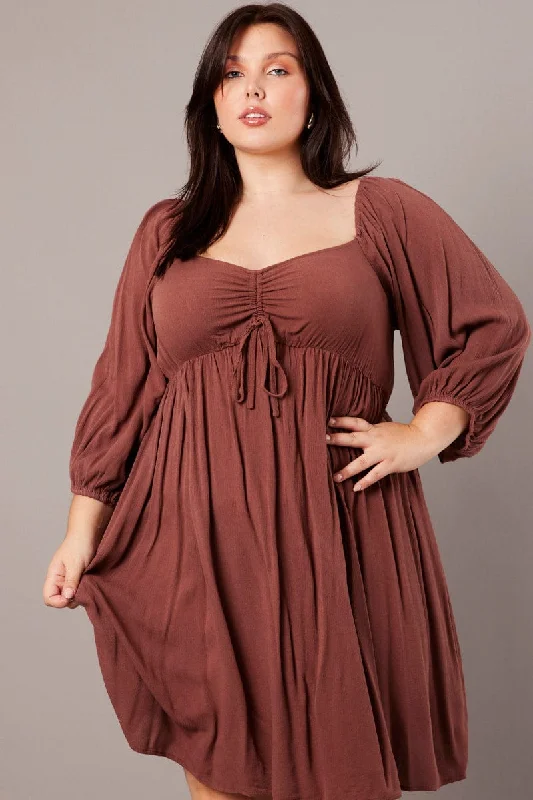 Brown Crinkle Ruched Drawstring Mini Dress Chic Sleeveless Mini Dress