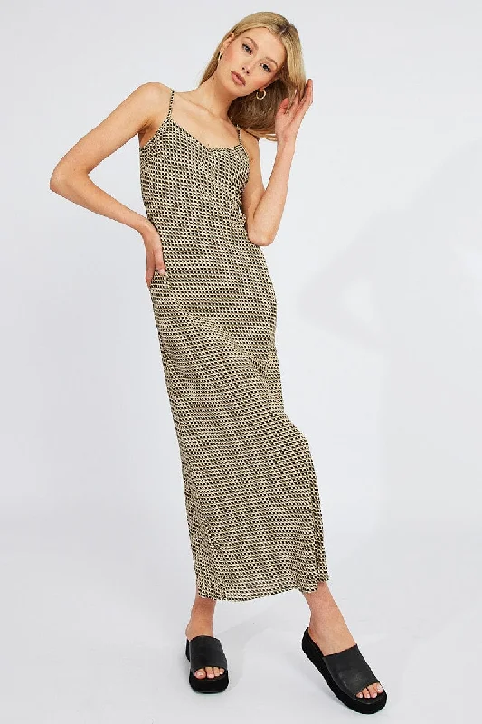 Brown Geo Maxi Dress Bias Cut Elegant Tiered Maxi Dress