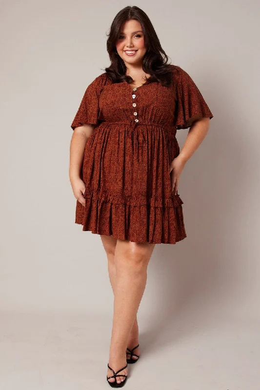 Brown Geo Shell Button Mini Dress Trendy Mini Dress with Belt