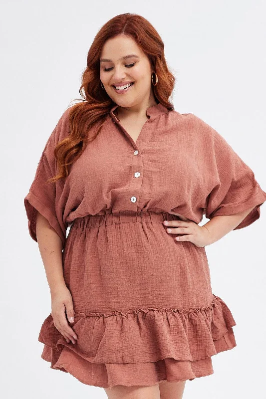 Brown Mini Dress Button Front Cotton Crush Trendy Tulle Mini Dress