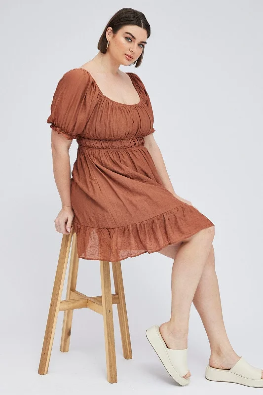 Brown Mini Dress Gather Waist Frill Hem Stylish Short Sleeve Mini Dress