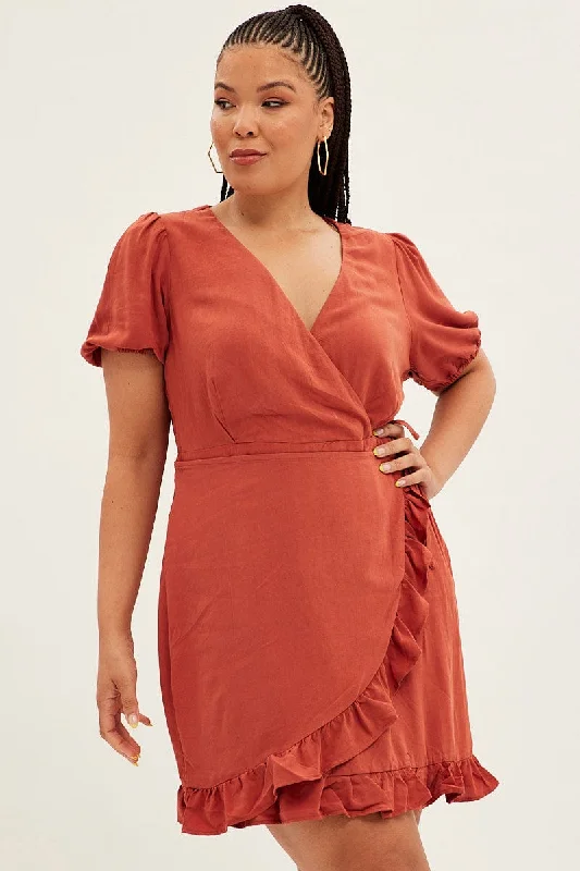 Brown Mini Dress Short Puff Sleeve Faux Wrap Classic Floral Mini Dress